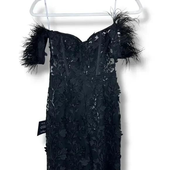 NEW Lulus Midnight Sparkle Black Embroidered Feather Bustier Maxi Dress XS - Picture 11 of 13